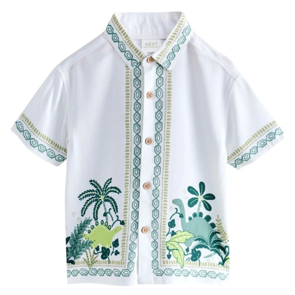 Next Kids White Dinosaur Tropical Palm Print Button Down Shirt Size 2-3Y